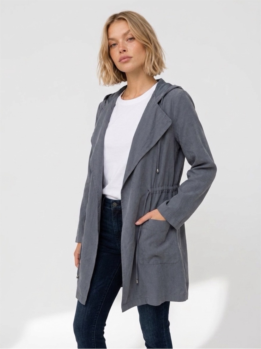 BE COOL Women’s Size Medium Gray Utility Jacket Hood & Open Front Lightweight